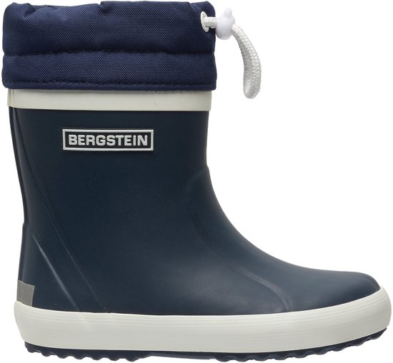 Donkerblauwe Bergstein regenlaarzen met witte zolen, off-white randen en donkerblauwe, gewatteerde schacht met trekkoord.