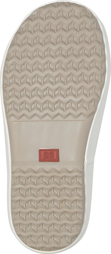 Zool van een beige Bergstein regenlaars met een visgraat profiel en rode maat 26.