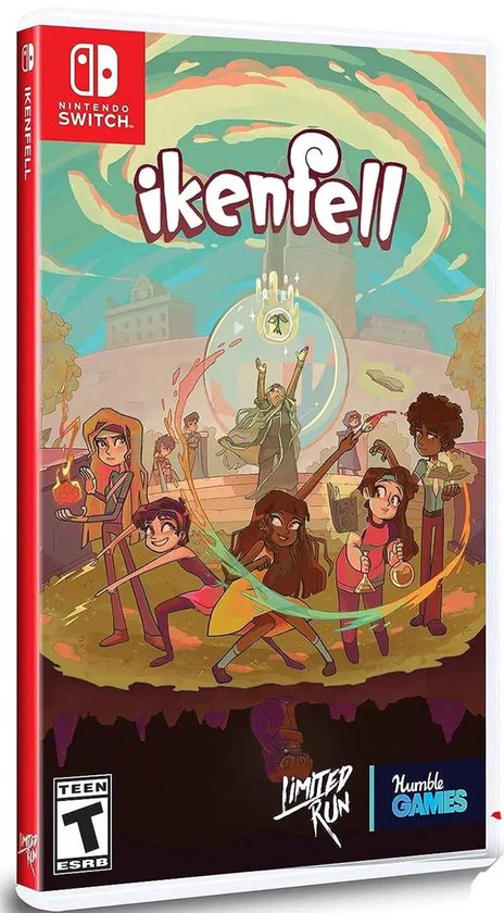 Gamecover voor Nintendo Switch met de titel 'ikenfell'. Een groep studenten met magische krachten staat in de spotlights.