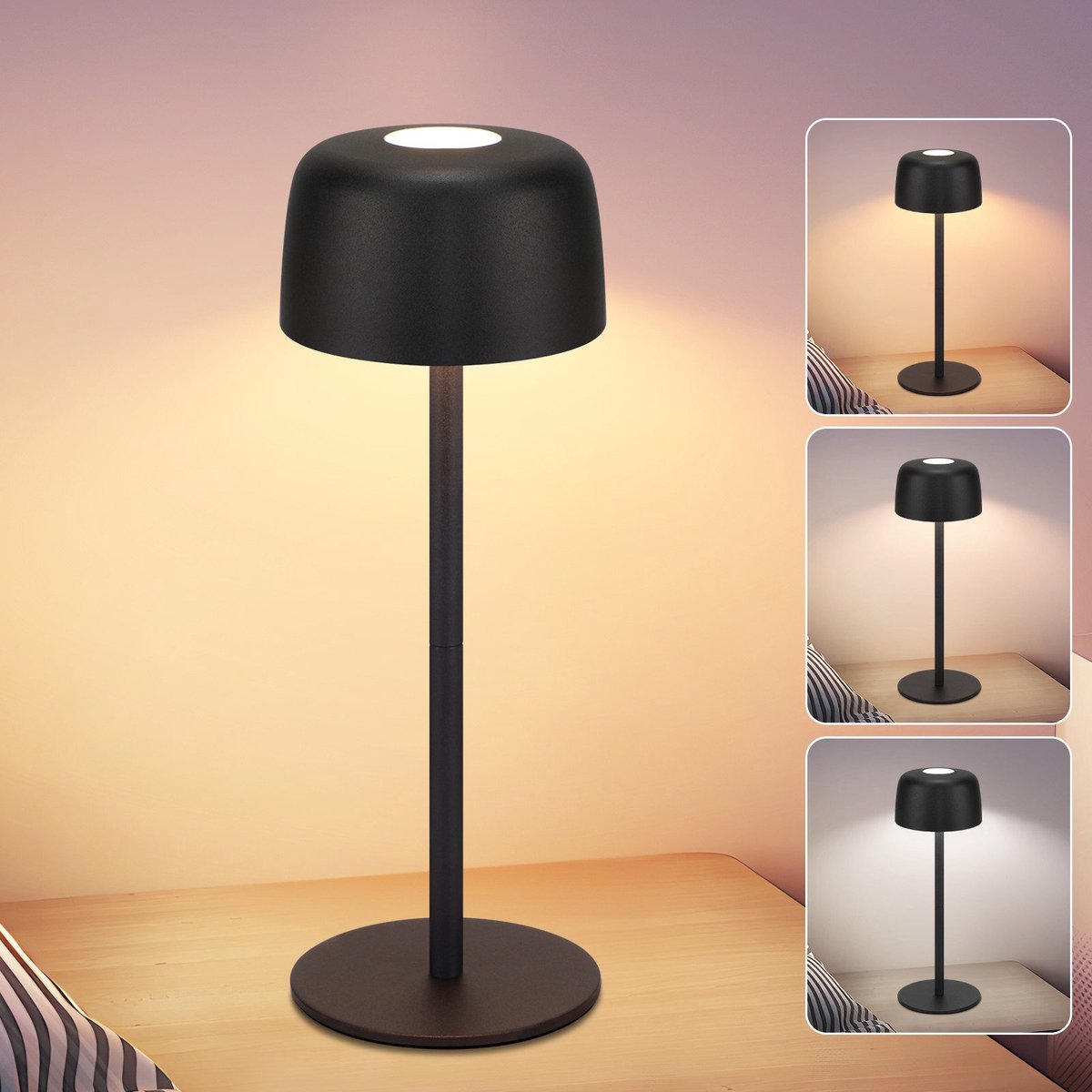 NETTLIFE Tafellamp LED - Zwart - Draadloos Nachtlamp - Touch Dimbaar - USB Oplaadbaar - 3 Kleurtemperaturen - In hoogte verstelbaar - Draagbare Tafellamp - voor binnen en buiten - voor Eetkamer | Slaapkamer | woonkamer | Hotel | Café | Restaurant
