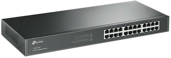 Zwarte TP-Link TL-SG1024 24-poorts Gigabit Switch met 24 ethernetpoorten en statuslampjes.