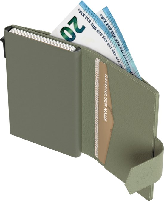 Prowallet Plus – Vert pebble – Porte-cartes RFID – Portefeuille compact avec porte-cartes coulissant – Pour 8 cartes, billets et monnaie – Aluminium et simili cuir – Coffret cadeau de luxe – Femme