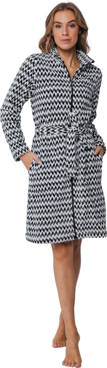 Pastunette Premium Badjas - Monochroom - Zwart / Wit - Fleece - Rits