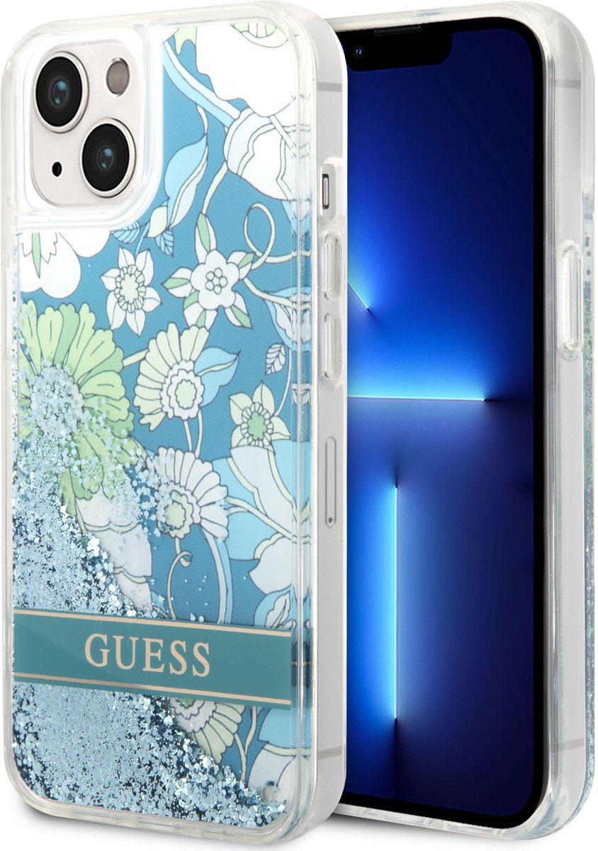 Guess - GUHCP14SLFLSN - iPhone - 14 - 6.1 - groen/groen - hardcase - Flower - Liquid - Glitter
