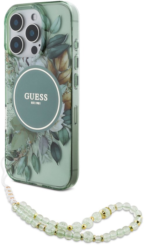 Guess MagSafe IML Flowers Case met beads strap voor de Apple iPhone 16 Pro Max - Green