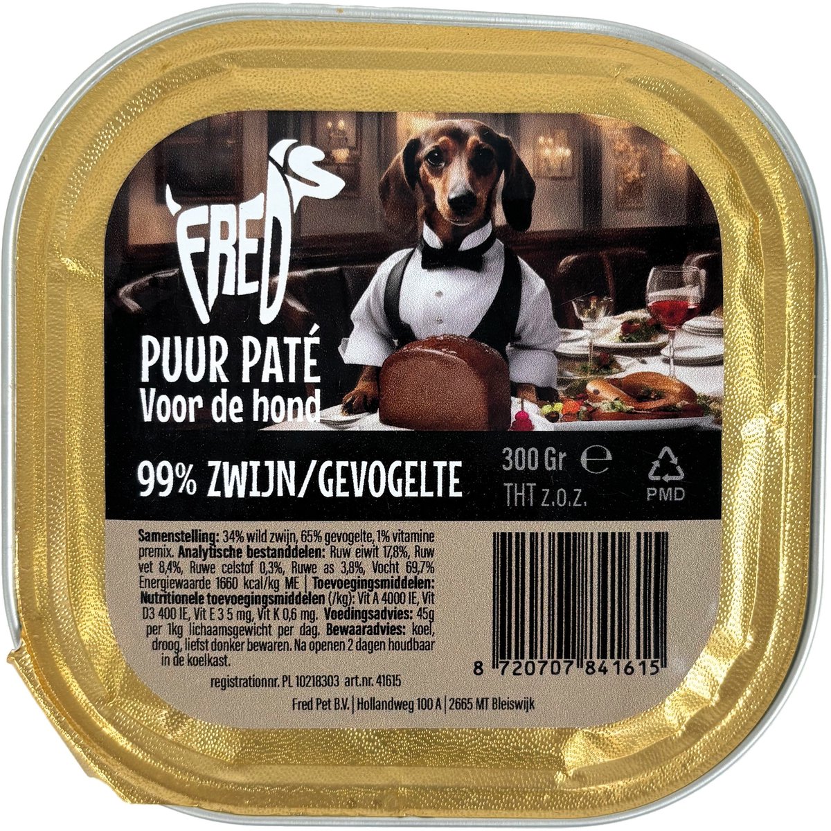 Freds Hondenpaté Freds - Puur Wild Zwijn en Gevogelte - 9x300g, Graanvrij, Natuurlijke Maaltijd