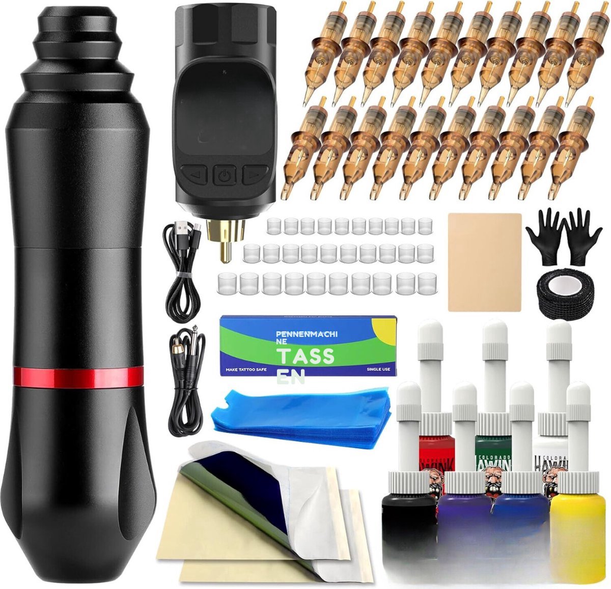 Thuys – Tattoo Machine – Complete Set – Tattoo Pen – 1 Stuks Cartridge 7 Inkten – 18 x 9 x 4cm – Veelkleurig
