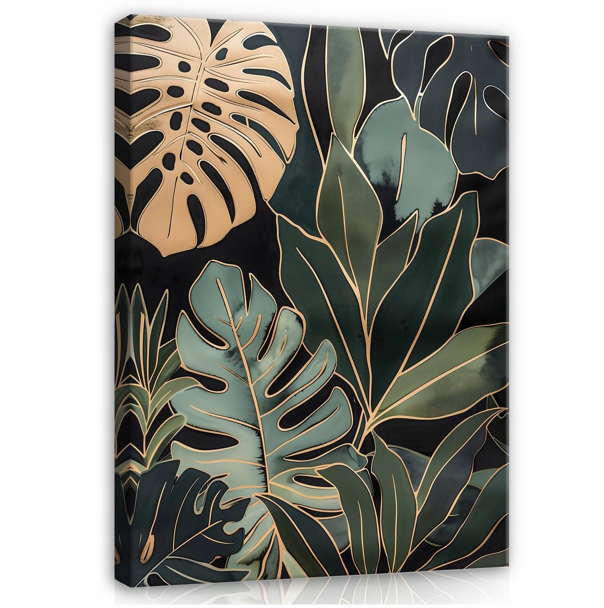WALLARENA Canvas schilderij - 60x40 cm - afbeelding van groene en gouden bladeren voor slaapkamer en woonkamer multikleurig