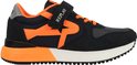 Blauwe sneaker met oranje ster-detail en accenten, klittenbandsluiting. Witte zool met oranje rand.