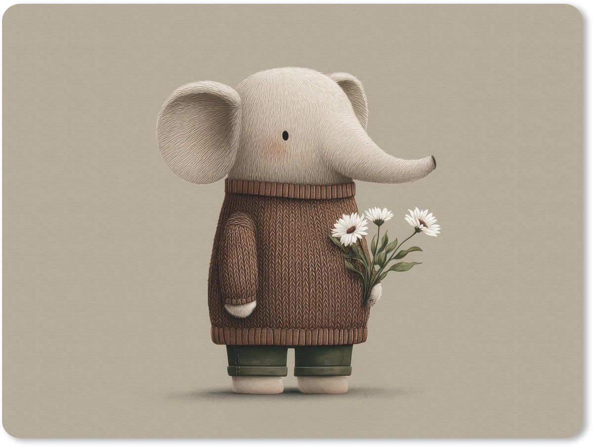 Muismat 23x19 cm - Mousepad Olifant - Witte bloemen - Kindvriendelijk - Muismatten