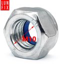 Gros plan d'un écrou autobloquant LUN FIX M10 avec finition zinguée et bague de blocage bleue.
