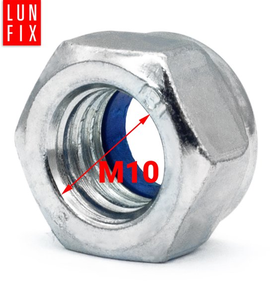 Gros plan d'un écrou autobloquant LUN FIX M10 avec finition zinguée et bague de blocage bleue.