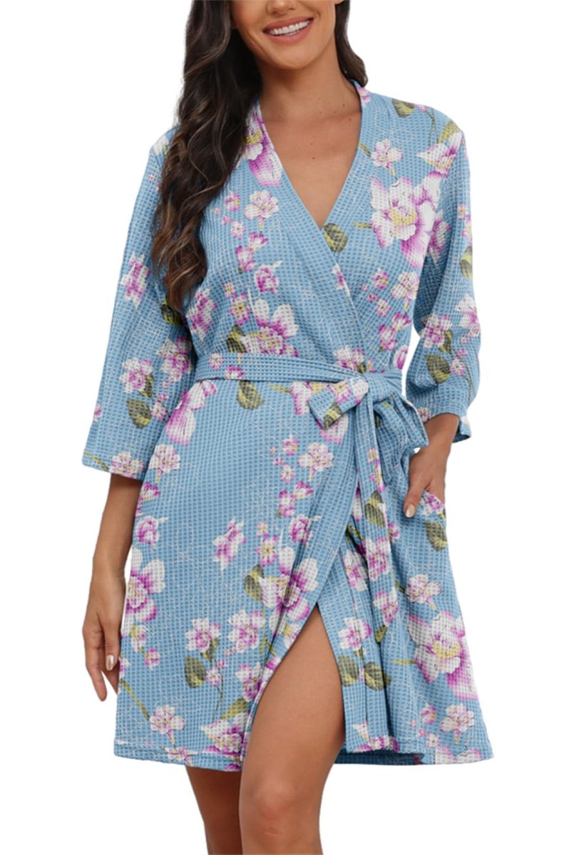 Dames Badjas Kimono - Korte Lichtgewicht Wafelstof met 3/4 Mouw - Voor Reizen, Sauna en Loungewear - Bloemen Lichtblauw XL