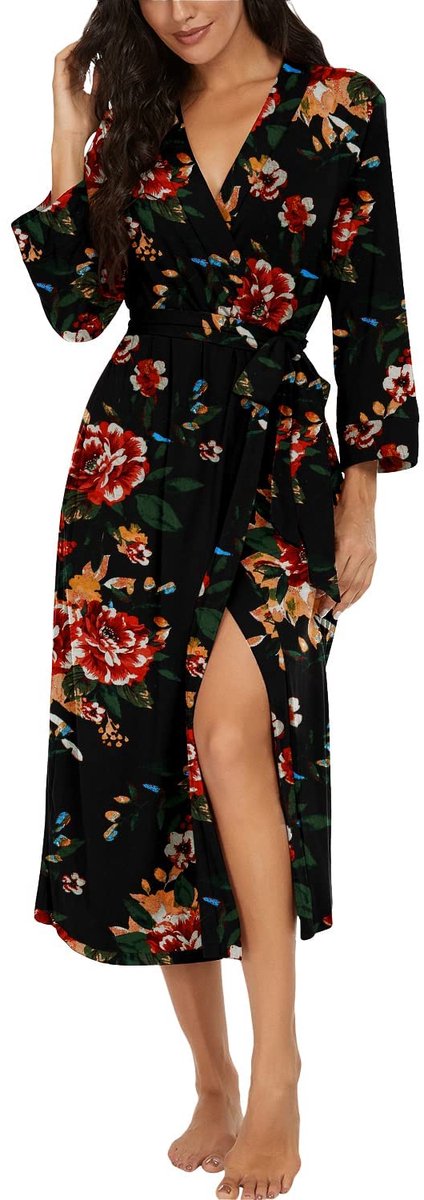 Dames Kimono Badjas - Lichtgewicht Lang Zacht Gebreid - Voor Thuis & Sauna - Bruin Zwart, XXL