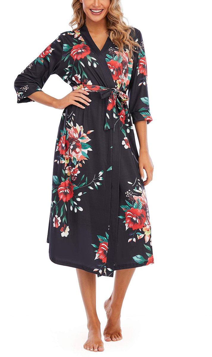 Dames Badjas Kimono - Lichtgewicht met 3/4 Mouwen en V-hals - Voor Nachtkleding - Maat L