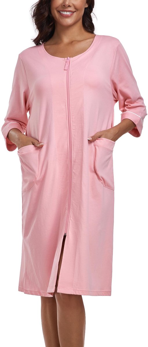Korte Dames Badjas - Lichtgewicht 100% Katoen met 3/4 Mouwen, Ritssluiting en Zakken - Roze, XL
