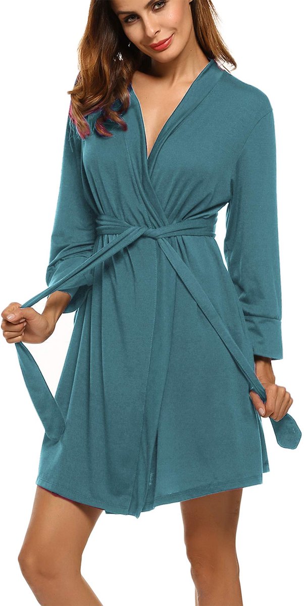 Dames Kimono Badjas - Kort - Van dun katoen - Met 3/4 mouwen en V-hals - Blauwgroen - Maat M