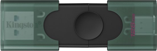 Transparant groene Kingston 128GB USB-stick met dubbele connectoren (USB-A en USB-C).