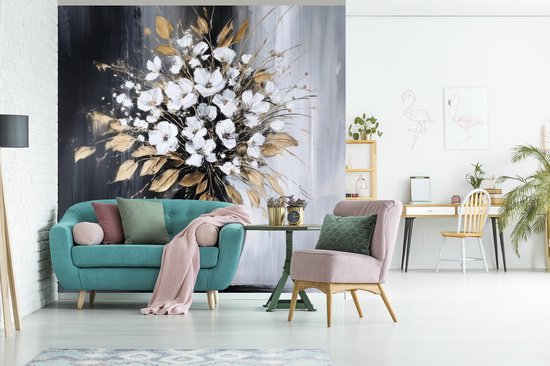 Behang - Fotobehang Bloemen - Wit - Vaas - Abstract - Breedte 240 cm x hoogte 240 cm