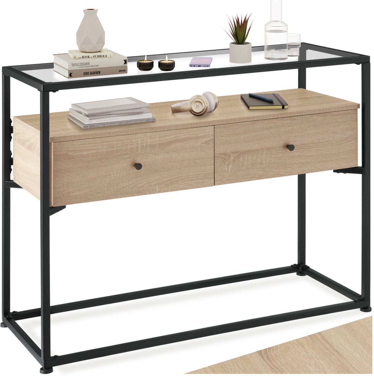 Tectake Consoletafel met 2 lades en glazen blad - Sidetable met 2 niveaus - Houten dressoir met glazen blad - Industrieel design - Zwart metalen frame - Afmeting (LxBxH) 101,5 x 41,5 x 80,5 cm - Lichtbruin