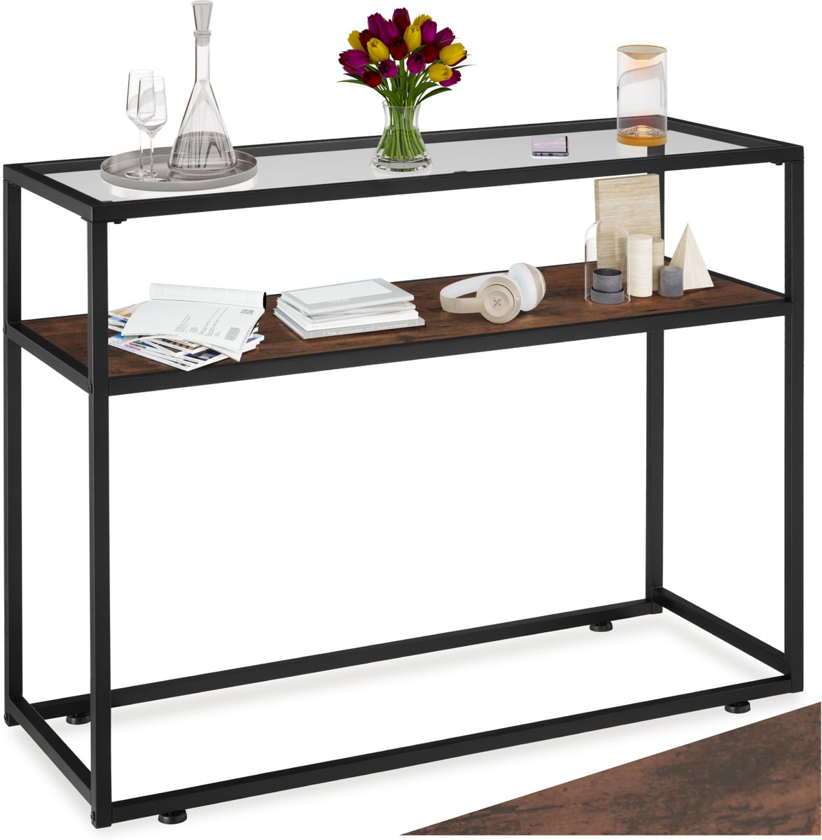 Tectake Consoletafel met plank en glazen blad - Sidetable met 2 niveaus - Dressoir met glazen blad voor in woonkamer, hal, keuken - Industrieel design - Zwart metalen frame - Afmeting (LxBxH) 100 x 41 x 80,5 cm - Donkerbruin