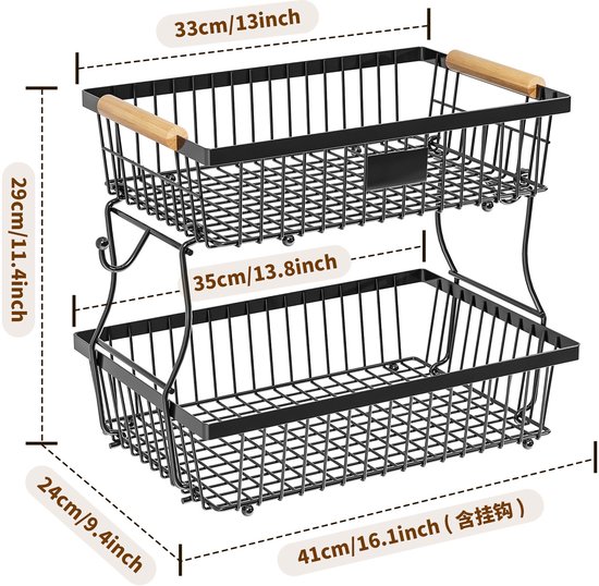 NiHome 2-laags houten fruitmand voor keuken, kom, staander voor aanrecht, brood, groente (bruin