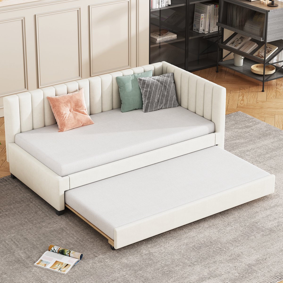 Merax Gestoffeerd bed 90x200cm - uitschuifbare slaapbank - multifunctionele lattenbodem - kinderbed - logeerbed - beige - zonder matras