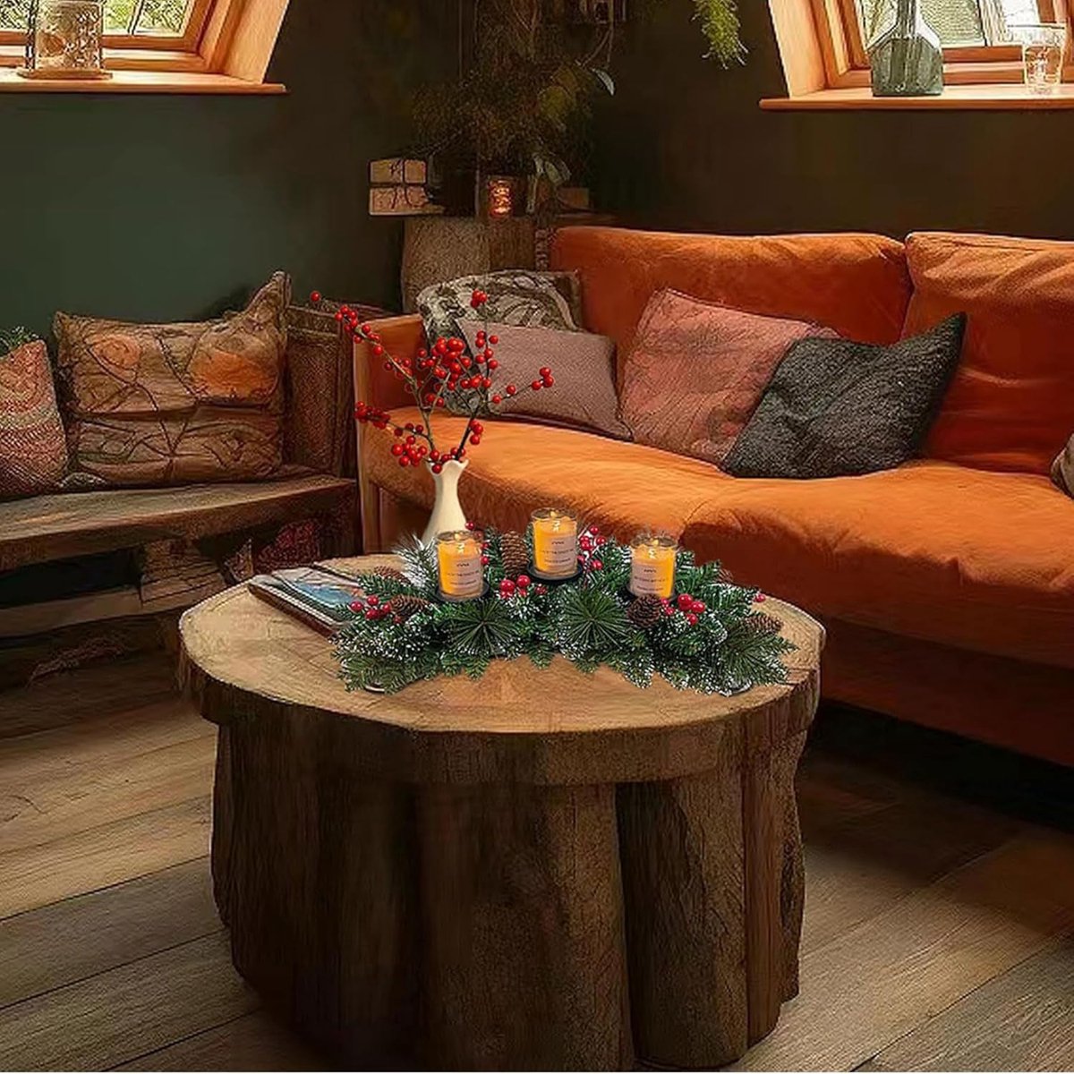 Kerst Tafeldecoratie met 3 Kandelaars – kerst Kaarsenhouder 45 cm –kerst Kandelaars- Waxinelichtjeshouder - Met Dennentakken, Rode Bessen en Dennenappels – Kerst Centerpiece voor Tafel of Haard – foto 2