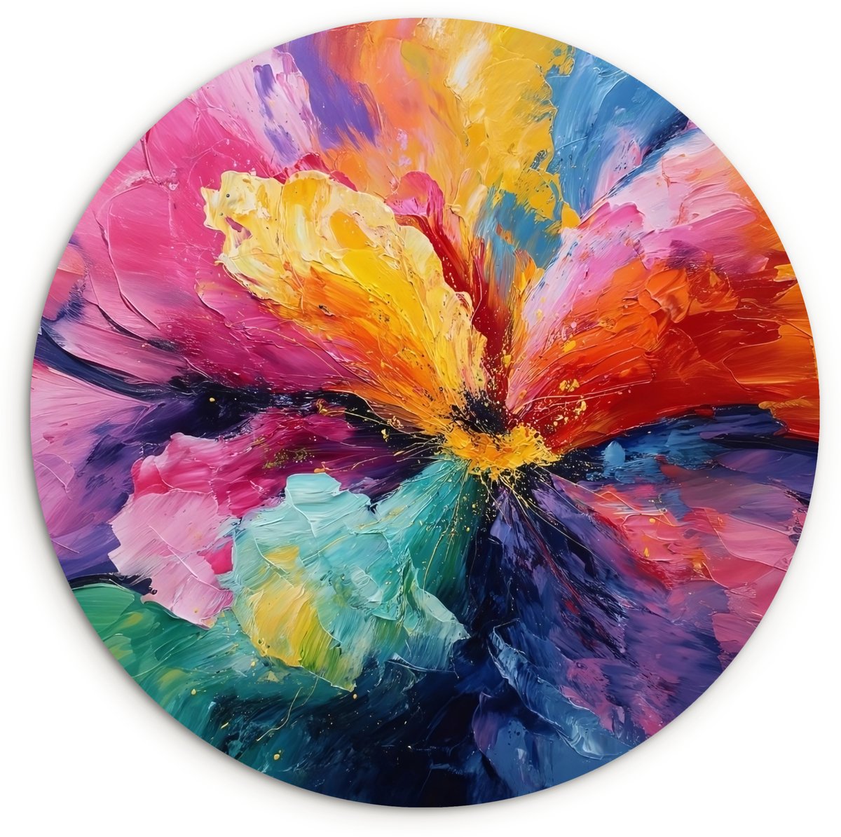 WallCircle Wandcirkel 120x120 cm - Muurcirkel Bloemexplosie - Veelkleurig - Bewegend - Muurdecoratie woonkamer - Wanddecoratie slaapkamer - Kamer decoratie accessoires - Ronde schilderijen Bloemexplosie - Kleurrijk