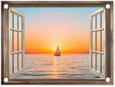 Tuinposter 40x30 cm - Tuindecoratie Doorkijk - Zee - Boot - Zonsondergang - Poster voor in de tuin - Buiten decoratie - Schutting tuinschilderij - Tuindoek muurdecoratie - Wanddecoratie balkondoek