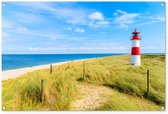 Tuinposter 120x80 cm - Tuindecoratie Vuurtoren - Duinen - Strand - Zee - Zomer - Poster voor in de tuin - Buiten decoratie - Schutting tuinschilderij - Tuindoek muurdecoratie - Wanddecoratie balkondoek