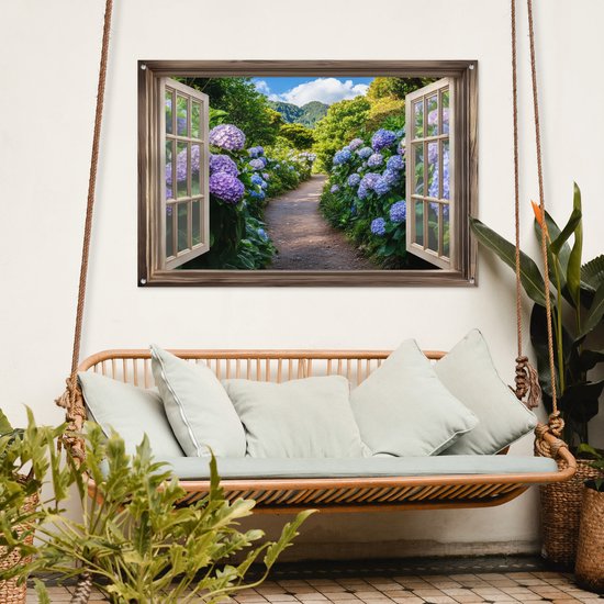 Affiche de jardin 120x80 cm - Décoration de jardin Vue - Hortensia - Chemin - Nature - Affiche pour le jardin - Décoration extérieure - Tableau de jardin clôture - Décoration murale sur toile de jardin - Décoration murale sur toile de balcon