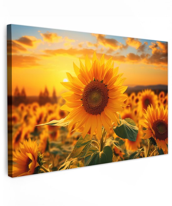 Tuinschilderij voor buiten 90x60 cm - Tuindecoratie Zonnebloem - Bloemen - Geel - Bloemenveld met zonnebloemen - Tuinposter op canvas - Tuin muurdecoratie - Buitenschilderij decoratie - Schutting wanddecoratie - Buitencanvas