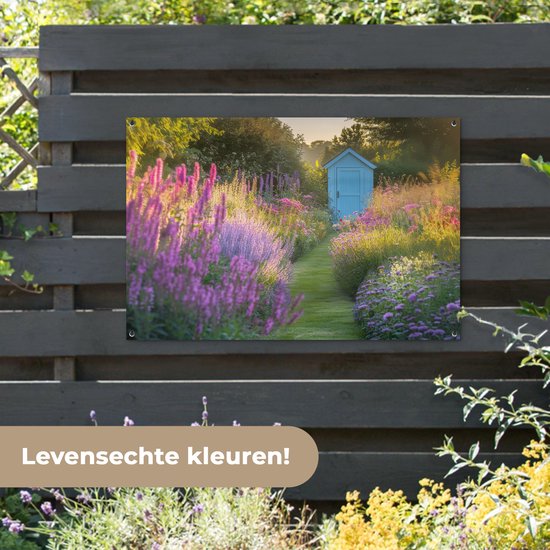 Affiche de jardin 120x80 cm - Décoration de jardin Maison de jardin - Blauw - Fleurs - Affiche pour le jardin - Décoration extérieure - Tableau de jardin clôture - Décoration murale en tissu de jardin - Décoration murale en tissu de balcon