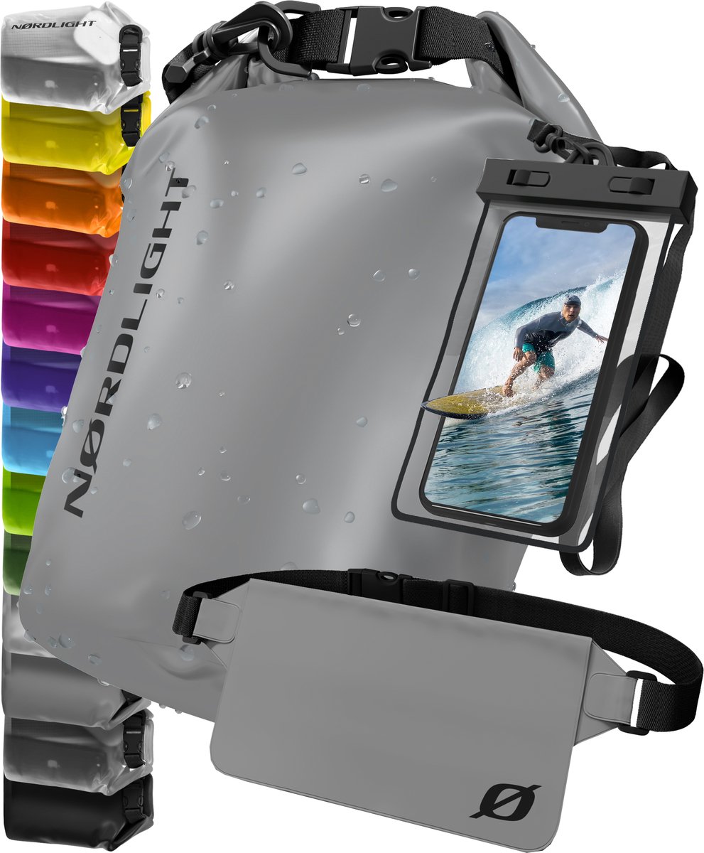 Nordlight Waterdichte Dry Bag met telefoonzak en heuptas - (20L, Antraciet) Waterdichte droge zak met rolsluiting | Zwemmen, varen, strand, staand peddelen