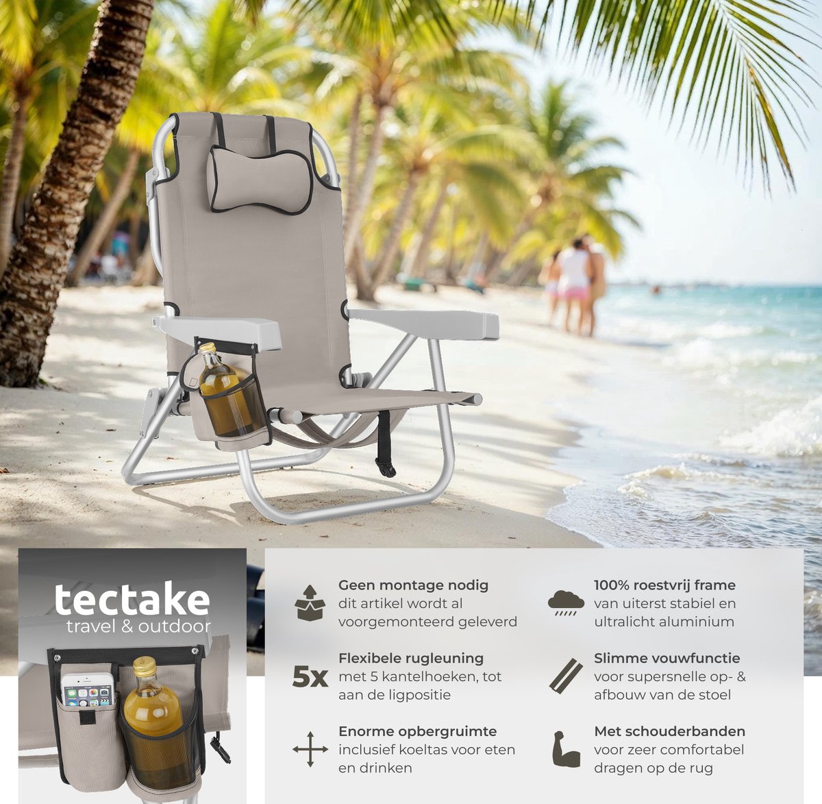 tectake® Strandstoelen Coral - Set van 2 Opvouwbare Campingstoelen met Koeltas en Opbergtas - 5-voudig Verstelbare Rugleuning met Hoofdkussen - Brede Armleuningen met Bekerhouder / Telefoonhouder - Inklapbare Kampeerstoel - Beige — cadeau in Sport & Outdoor - foto 8