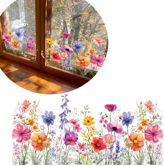 Kleurrijke vlinderbloem statische stickers - Bloementuin raamstickers - Wildflower Grass raamstickers - raamstickers bloemen - raamfolie statisch - raamstickers vlinders - raam folie - decoratieve raamfolie bloemen - 30*60cm - 1stuk