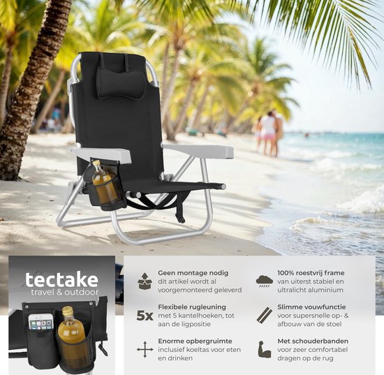 tectake® Strandstoelen Coral - Set van 2 Opvouwbare Campingstoelen met Koeltas en Opbergtas - 5-voudig Verstelbare Rugleuning met Hoofdkussen - Brede Armleuningen met Bekerhouder / Telefoonhouder - Inklapbare Kampeerstoel - Zwart van Merkloos — afbeelding 2