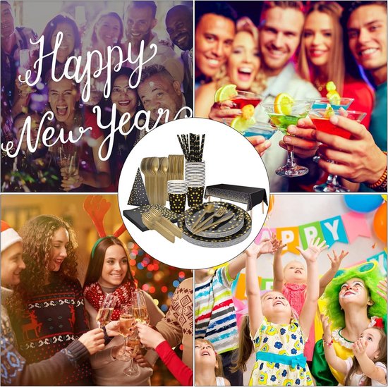 Party Tableware Cutlery Set Black-Gold Cardboard Paper Plates Forks Knives Spoons Cups Straw Napkin Tablecloth for Wedding Camping 25 Guest - 202 Pieces — afbeelding 4