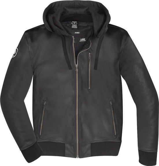 Zwarte Merlin leren motorjas met capuchon, ritsen aan de voorkant en zilverkleurige details.