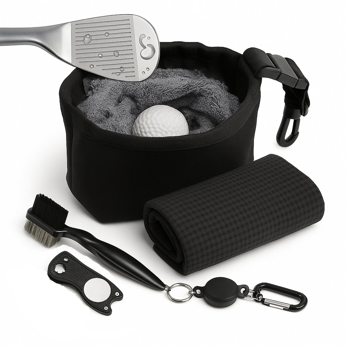 GolfClean Pro Set – Complete Reinigingsset Voor je Golfuitrusting- Golf Accessoires - Golf Handdoek + Golf Borstel + Pitchfork - Zwart - Cadeau Set