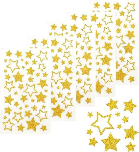 Allecto Plus - Glitter sterren stickers voor ambachten en feestdecoratie - Gouden kerstster etiketten voor Kerstmis, bruiloft en verjaardag - 5 vellen