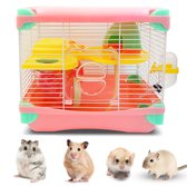 Happy Animalz Reiskooi voor Hamsters - Roze - 28cm x 25cm x 20cm - Hamsterkooi Inclusief Huisje & Accesoires - Hamster Speelgoed - Kooi