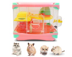 Happy Animalz Reiskooi voor Hamsters - Roze - 28cm x 25cm x 20cm - Hamsterkooi Inclusief Huisje & Accesoires - Hamster Speelgoed - Kooi