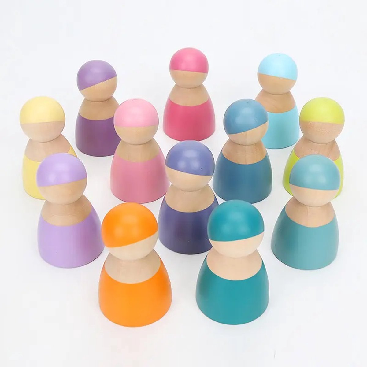 Houten poppetjes - Pastelkleuren - 12 stuks - Open einde speelgoed - Educatief montessori speelgoed - Grapat style