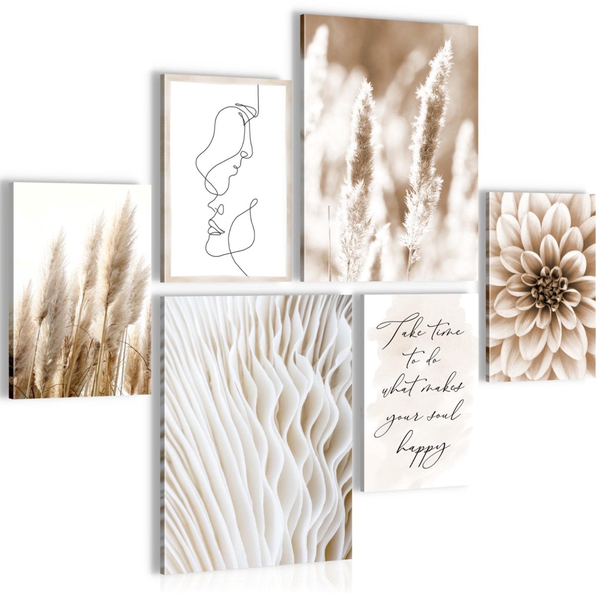 Ibenzoa Moderne Pampasgras Muurschilderijen Set voor Slaap- en Woonkamer, Boho Stijl, Beige Liefdesverhaal