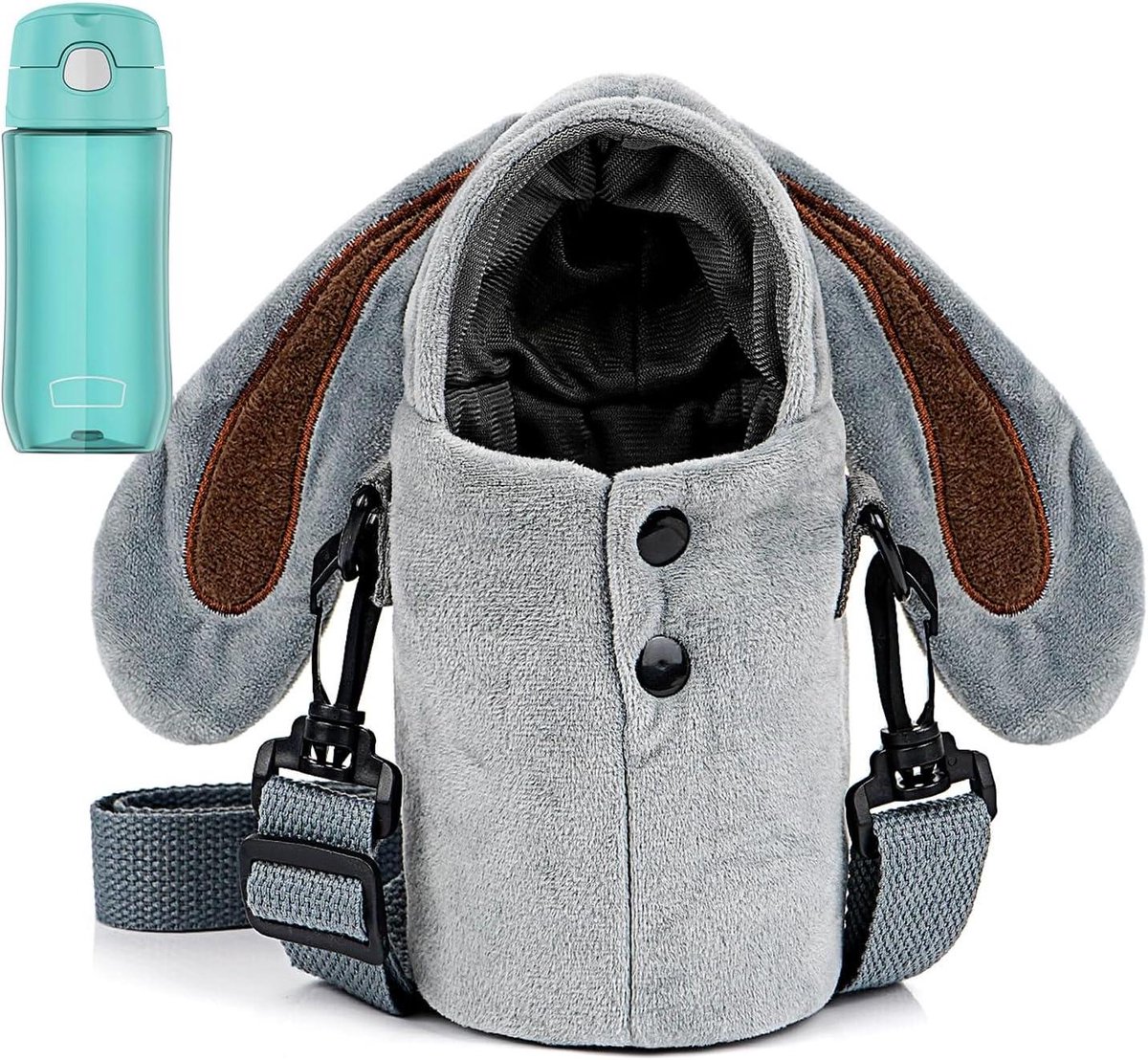 Allecto Plus - Pluche Waterfleshouder met Riem voor Thermos Fles - Grijs Konijn Patroon - Handige Schouderriem - Geschikt voor 12oz/16oz Flessen.