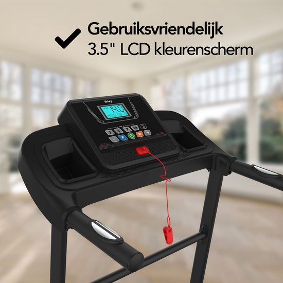 Close-up van het 3.5" LCD kleurenscherm van een zwarte loopband met de tekst "Gebruiksvriendelijk 3.5" LCD kleurenscherm".