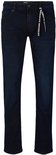Donkerblauwe jeans met opgestikte zakken en trekkoord met "BLACK OVERDYED DENIM"-opdruk.