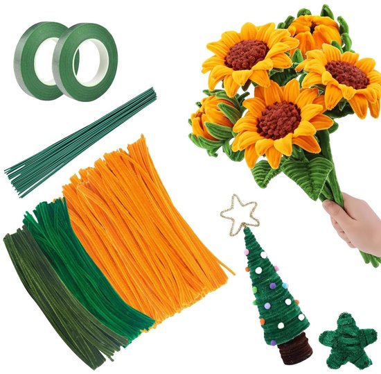 320 stuks pijpenragers om te knutselen, pijpenragers, bloemenset, verdikt chenilledraad, 30 cm lange pijpenrager, groen roze met bloemdraad, pijpreiniger, knutselset voor doe-het-zelf decoreren, lila
